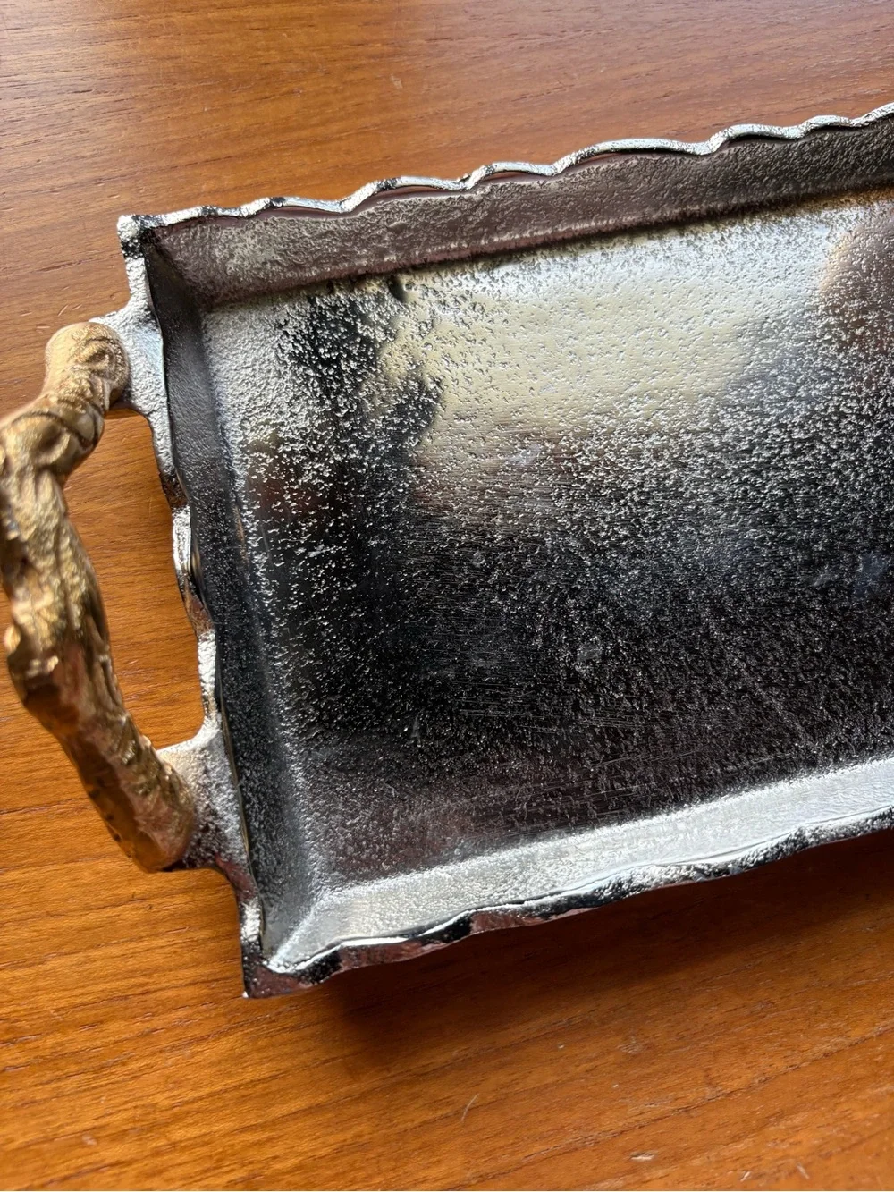 Silver and Gold Rectangular Vanity Tray with Ornate Handles Bird Detail EUC